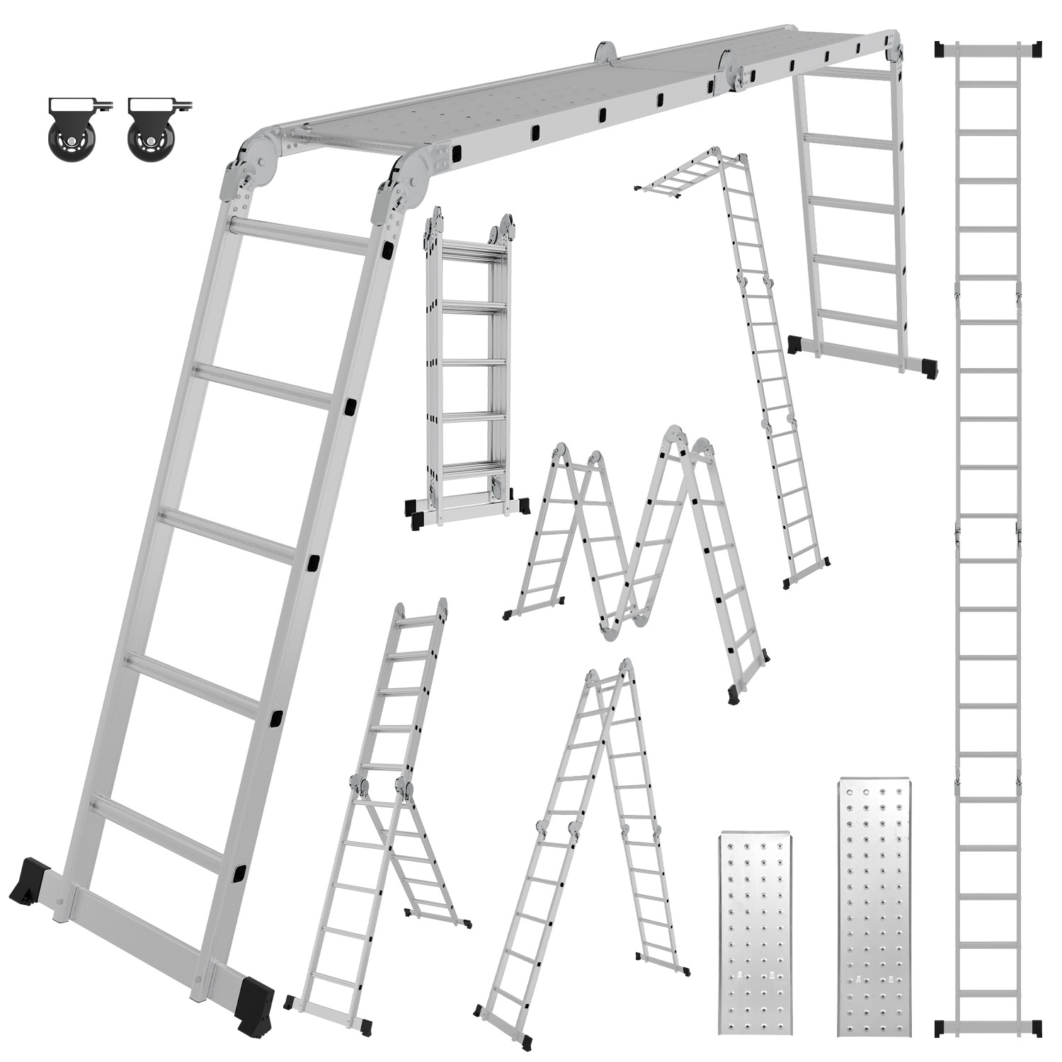 Tolletour 7in1 Mehrzweckleiter 4x5 Stufen Aus Aluminium, Ca. 580cm / 5.8m, Multifunktions-gelenkleiter Mit 2 Plattformen & 2 Rollen, Max. Belastbarkeit 150 Kg