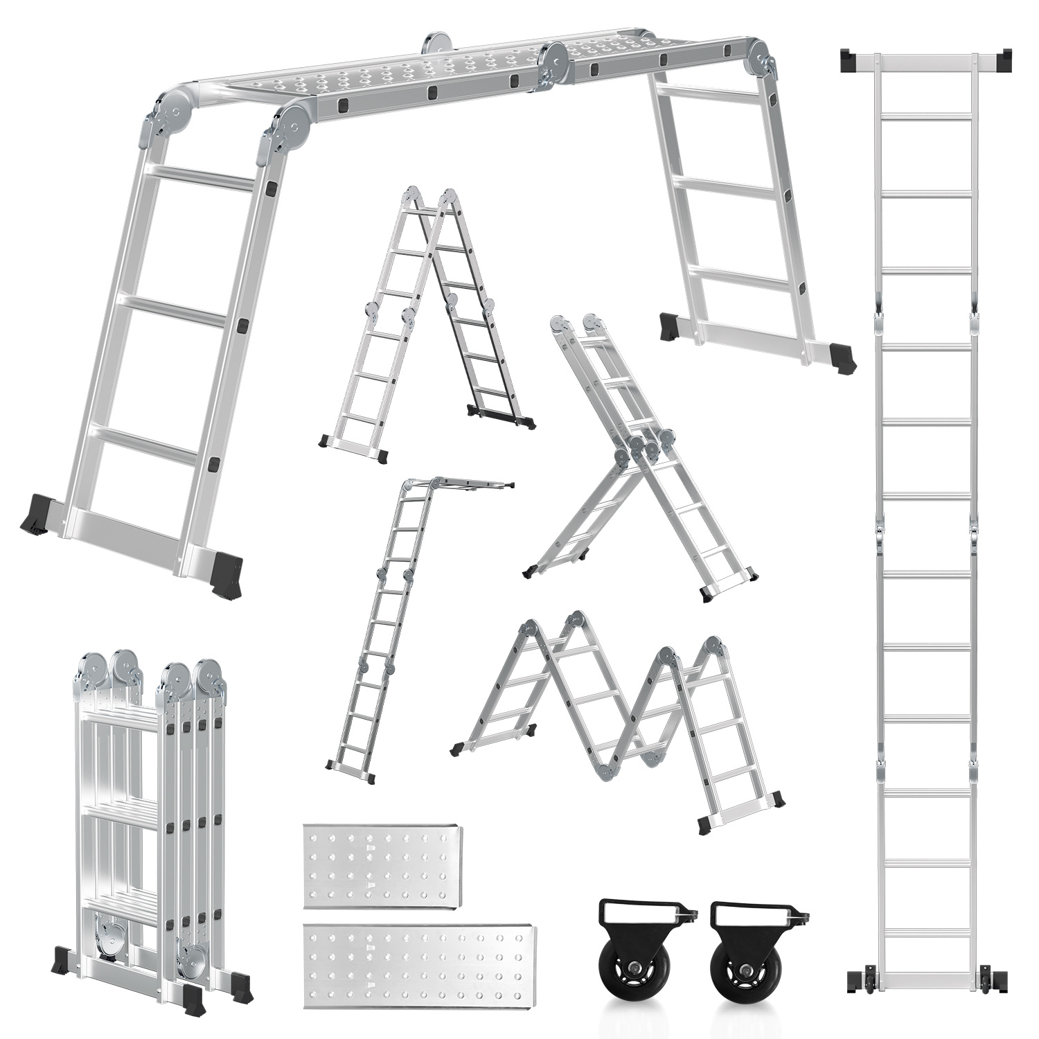 Tolletour 7in1 Mehrzweckleiter 4x3 Stufen Aus Aluminium, Ca. 360cm / 3.6m, Multifunktions-gelenkleiter Mit 2 Plattformen & 2 Rollen, Max. Belastbarkeit 150 Kg