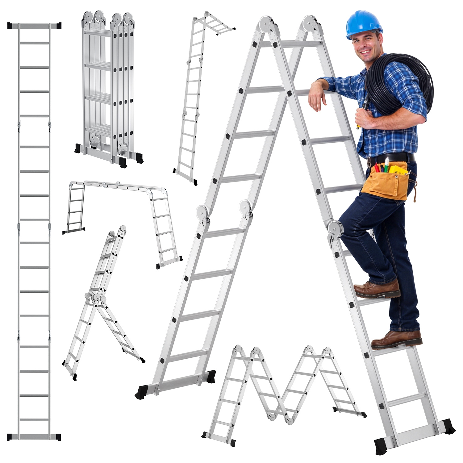 Tolletour Mehrzweckleiter 7in1 Aluminium 4x4 Stufen, Ca. 470cm / 4.7m, Gelenkleiter Klappleiter Anlegeleiter Stehleiter, Max. Belastbarkeit 150 Kg, Silber