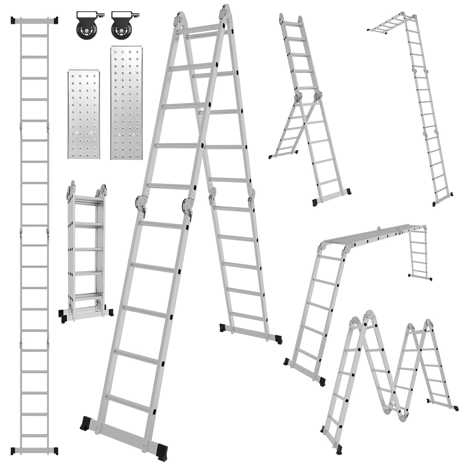 Tolletour Aluminium Mehrzweckleiter 7in1 4x5 Stufen, Ca. 580cm / 5.8m, Klappleiter Gelenkleiter Mit Plattformen, Rollen & Anti-rutsch, Max. Belastbarkeit 150 Kg