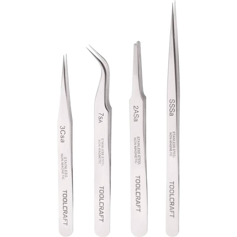 [neuwertig] B-ware Toolcraft Pinzette Edelstahl Set 4teilig Flach-rund Sichelspitze Gebogen 55°