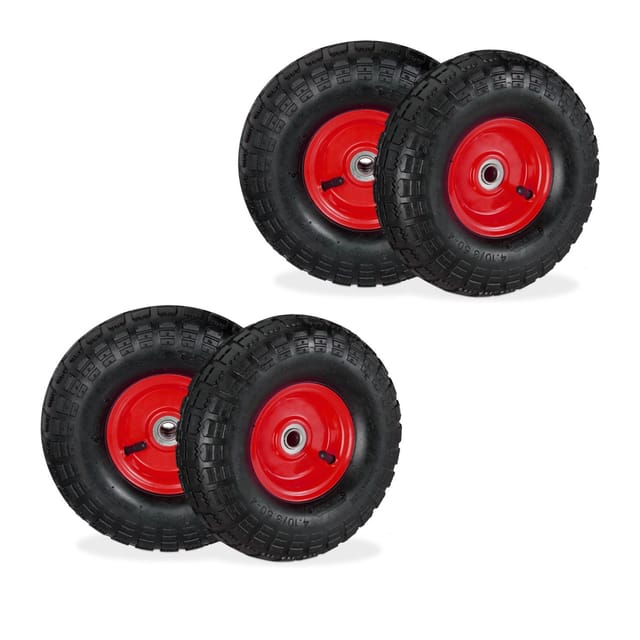 Sackkarrenrad 4er Set, 4.10 3.50-4, luftbereift, Stahlfelge, 136 kg, Schubkarrenrad, Ersatzrad, schwarz/rot - Relaxdays
