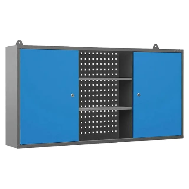 Hängeschrank Werkzeugschrank Werkstattschrank Metallschrank Lochwand 2 verstellbare Fachböden 2 Fächer 120 cm x 60 cm x 20 cm (Anthrazit-Blau) - Jan