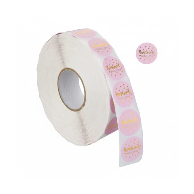 Relaxdays - Handmade with Love Aufkleber, 2500 selbstklebende Etiketten, runde Sticker, ø 25 mm, Stickerrolle, rosa/gold