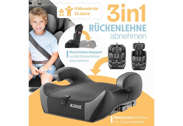 KIDIZ® Autokindersitz Premium Kinderautositz Gruppe 1+2+3, 9-36 kg 5-Punkt-Sicherheitsgurt, Autositz, Kindersitz, Einstellbare Kopfstütze, Mitwachsende Sitzerhöhung 1-12 Jahre, Stabil und Sicher