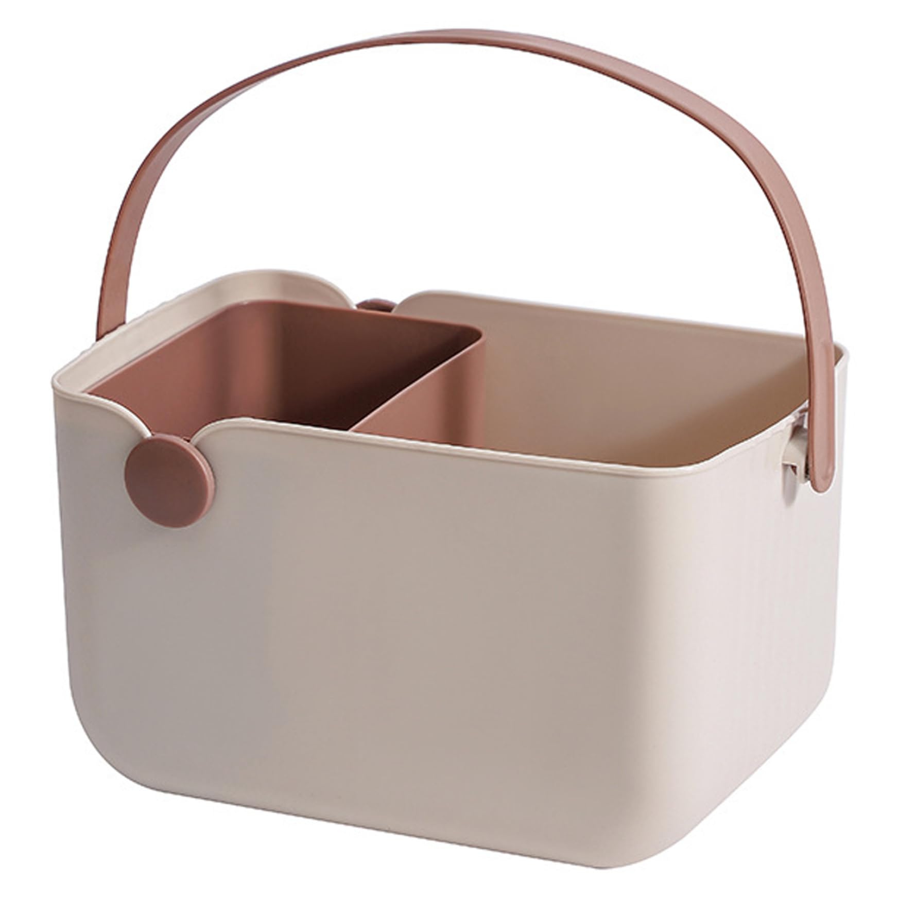 Tragbarer Duschkorb Mit Griff Aus Beigefarbenem Kunststoff, Praktisch Zur Aufbewahrung Von Toilettenartikeln.