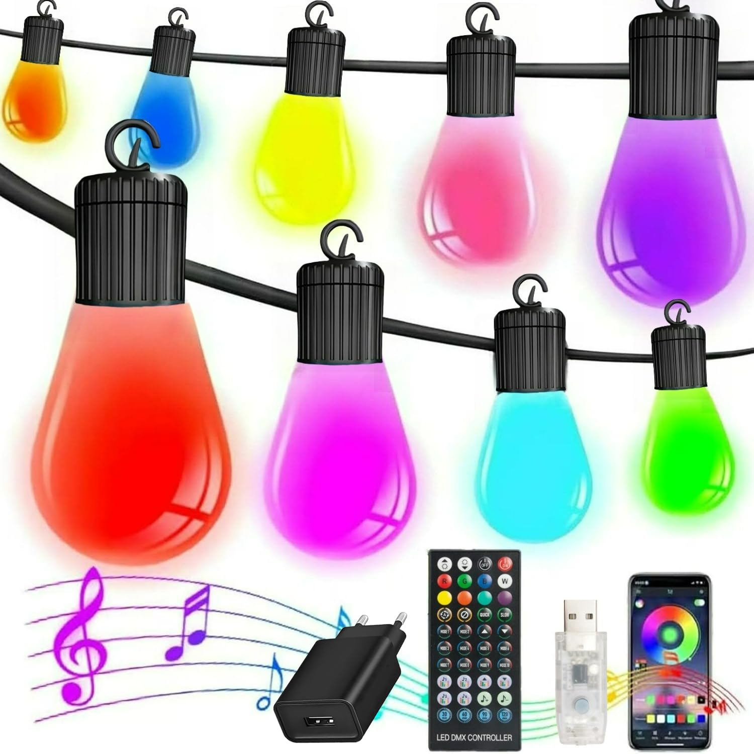 15 M Led-lichterkette – 20 Rgb S14-lampen – Ip65 Wasserdicht – App- Und Fernbedienungssteuerung – Mehrfarbig