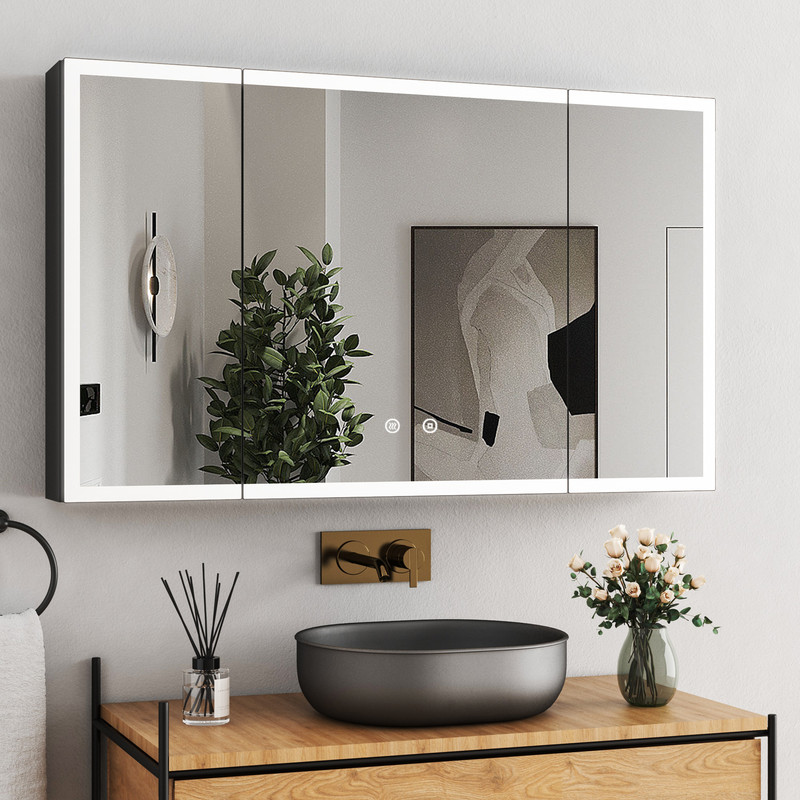 Großer Spiegelschrank Bad Mit Beleuchtung 100x60 Cm Spiegelschrank Schwarz Mit Beleuchtung Badezimmerschrank Mit Spiegel Hängeschränke Medizin Kabinett Mit 3 Einstellbare Lichtfarben, Beschlagfrei