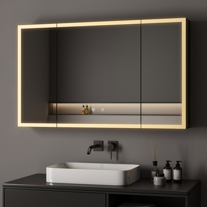 Großer Spiegelschrank Bad Mit Beleuchtung 100x60 Cm Komplett Vormontiert Spiegelschrank Schwarz Mit Beleuchtung Badezimmerschrank Mit Spiegel Hängeschränke Medizin Kabinett Mit 3 Einstellbare Lichtfar