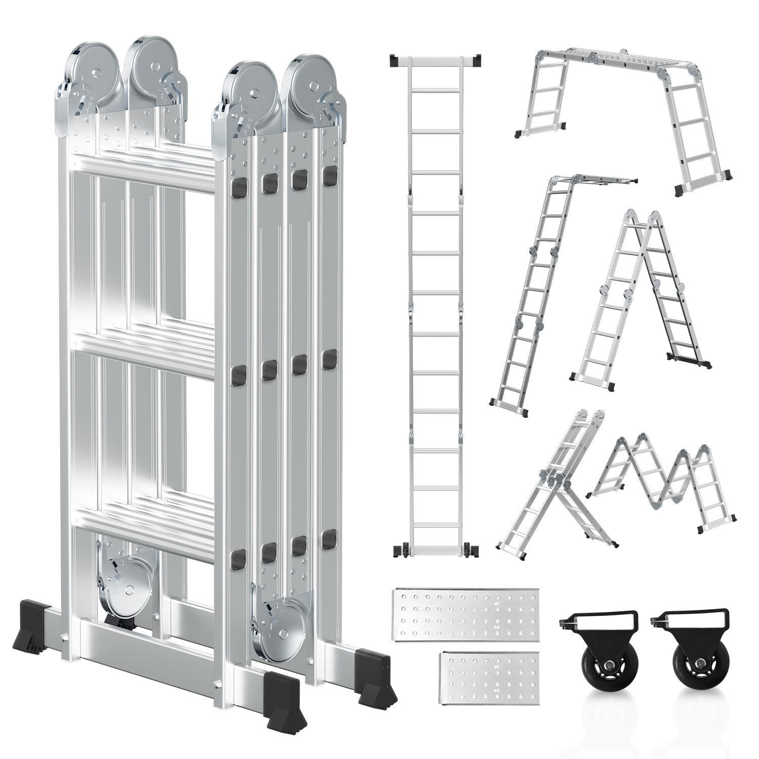 Wolketon Mehrzweckleiter Multifunktionsleiter 7in1 4x3 Stufen, Ca. 360cm / 3.6m, Alu Gelenkleiter Mit 2 Plattformen, 2 Rollen, Max. Belastbarkeit 150 Kg