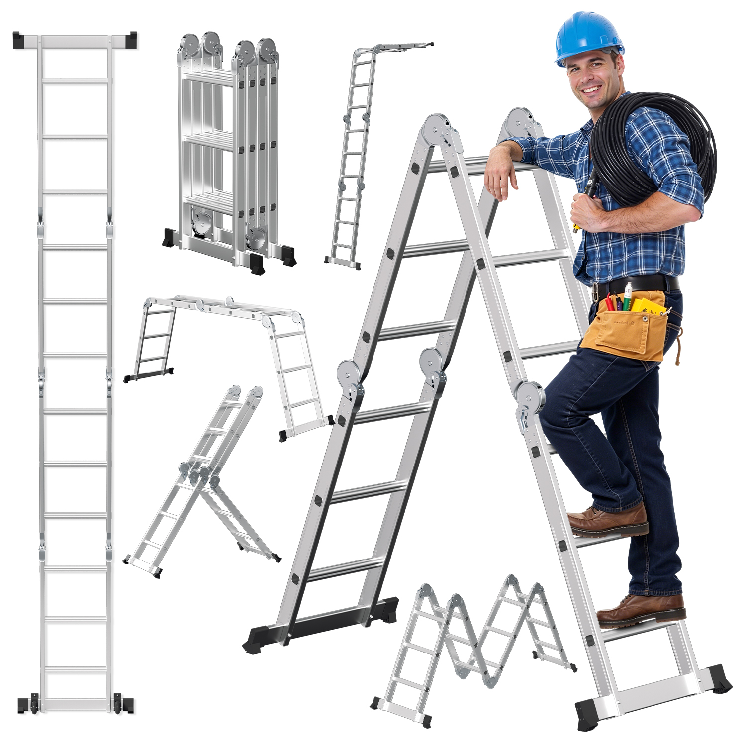 Wolketon Mehrzweckleiter 7in1 Aluminium 4x3 Stufen, Ca. 360cm / 3.6m, Gelenkleiter Klappleiter Anlegeleiter Stehleiter, Max. Belastbarkeit 150 Kg, Silber