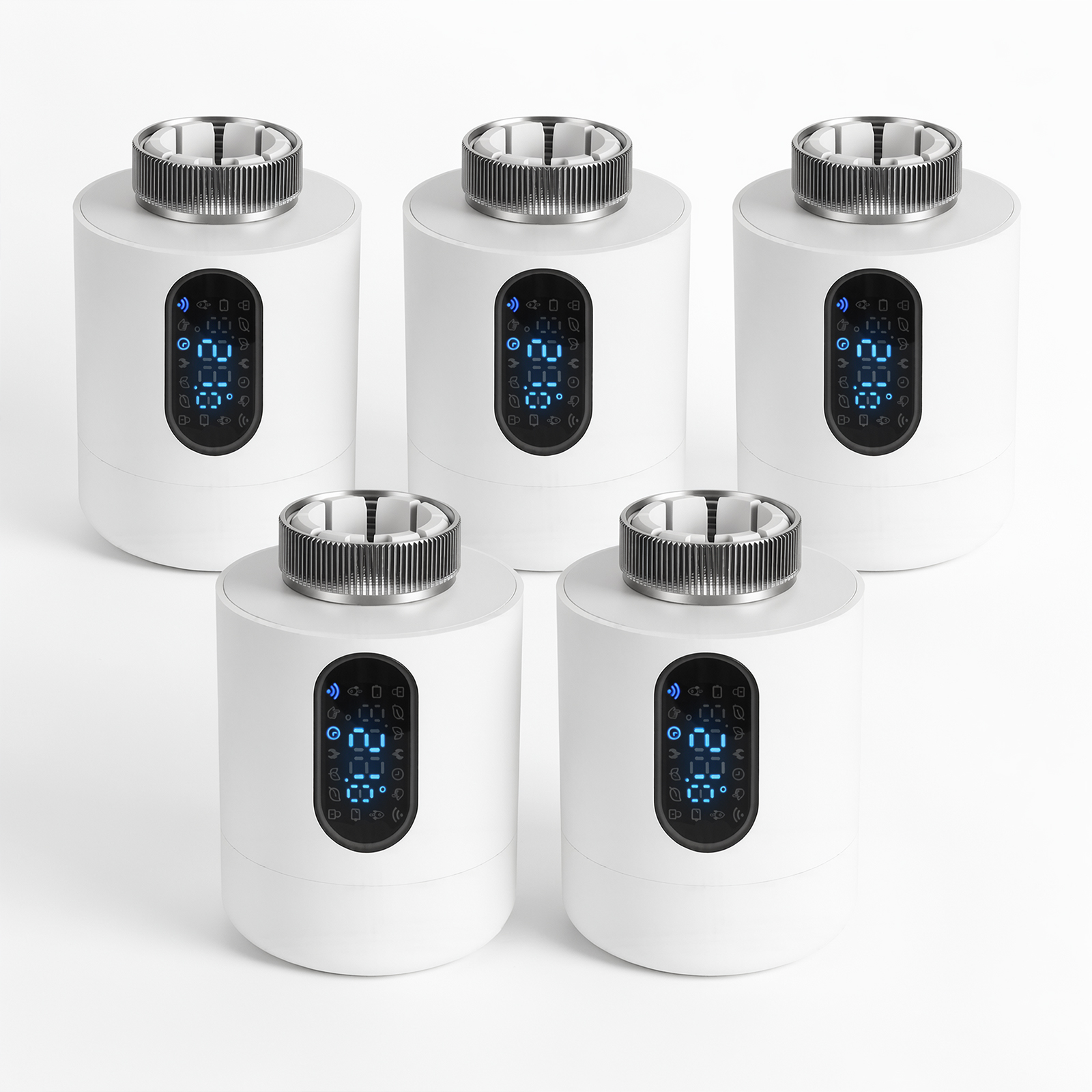 Wolketon Smartes Heizkörperthermostat Wifi, App-steuerung, Smart Life/tuya, 7 Ventiladapter Je Thermostat, Weiß, 5er-set