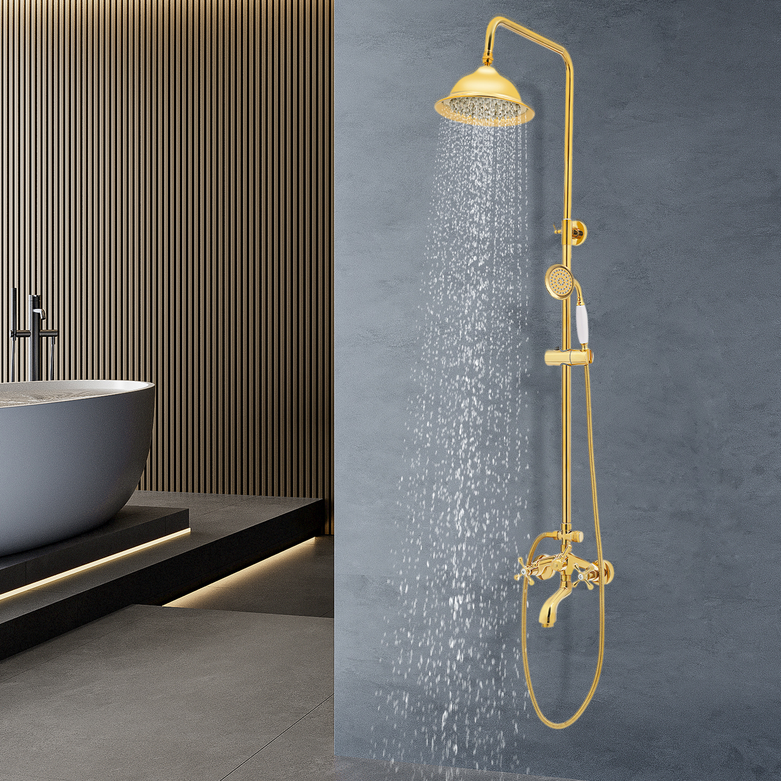Yissale-duschsystem (messing, Wasserhahn Mit Duschsäule, Regendusche, Handbrause, Goldfarben)