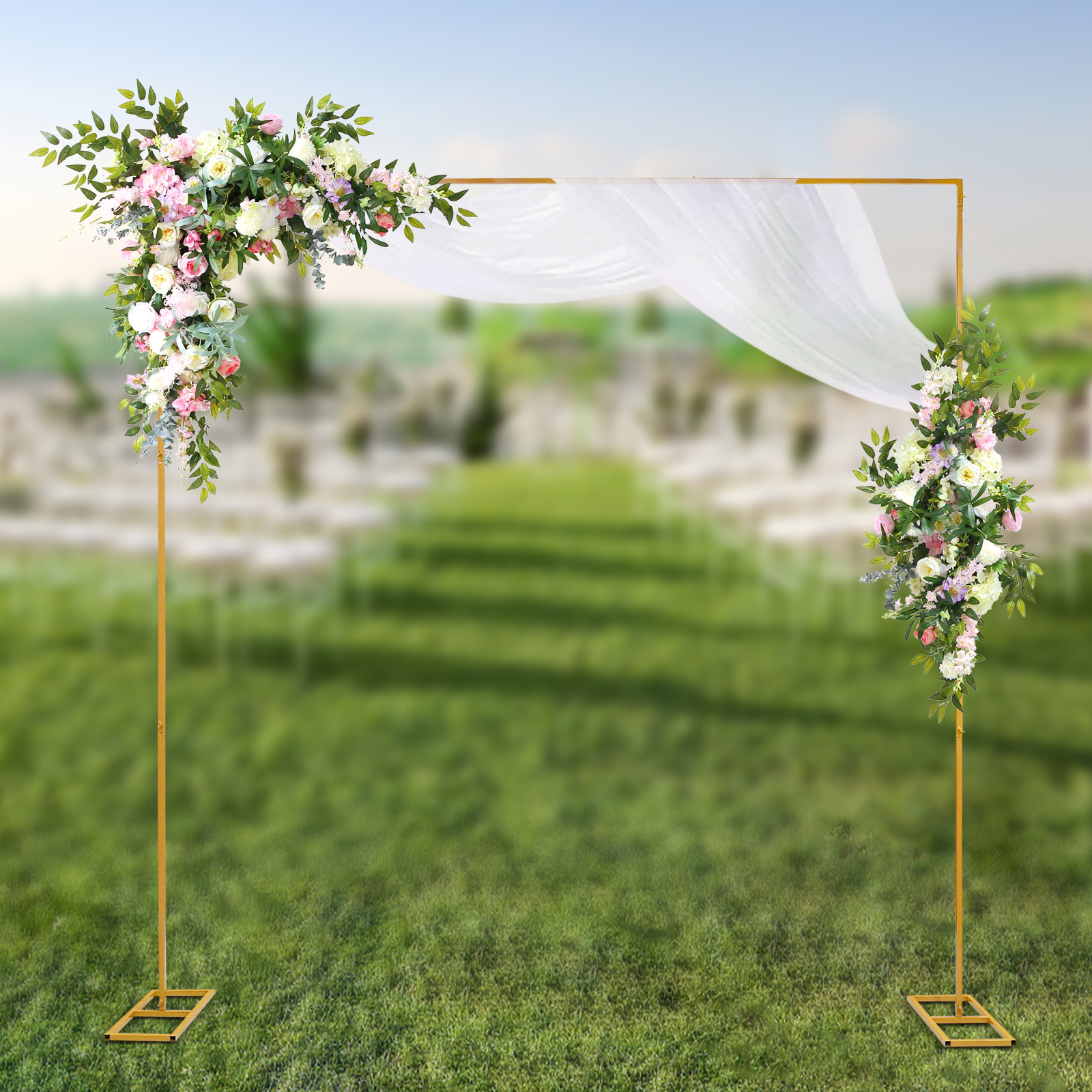 Yissale-goldener Metall-hochzeitsbogen Mit Standfüßen - Quadratischer Gartenbogen (ca. 3x3 M) Für Einfache Montage, Ideal Für Hochzeiten, Quinceañeras, Gartenpartys Und Als Deko Für Hotels, Cafés Und
