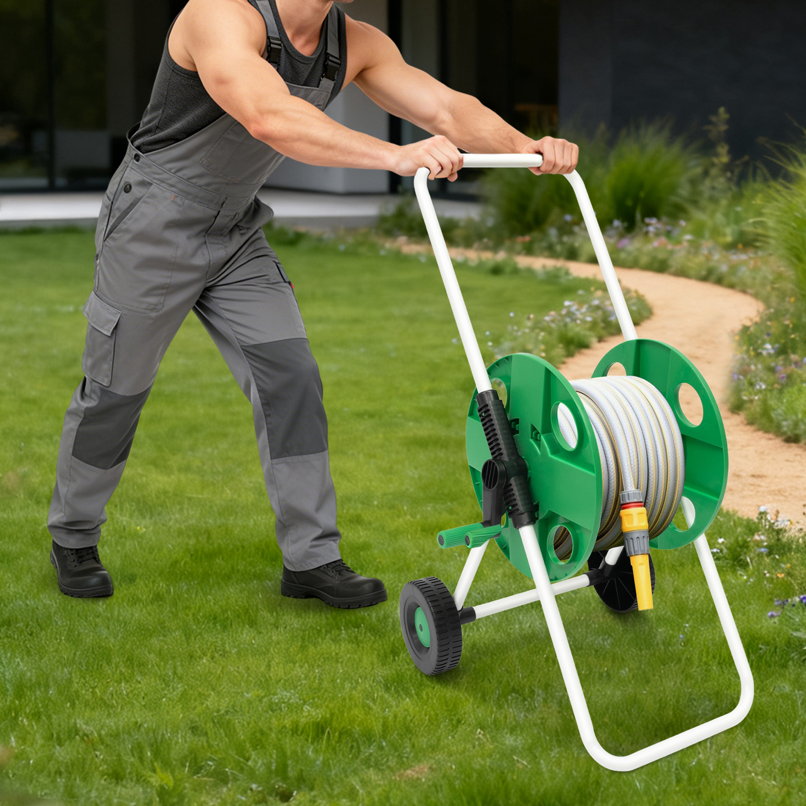 Yissale-schlauchrolle Mit Wagen - Hohe Kapazität, Mobiler Gartenschlauchaufbewahrer Für Rasen, Terrasse, Bauernhof & Kommerzielle Grünflächen