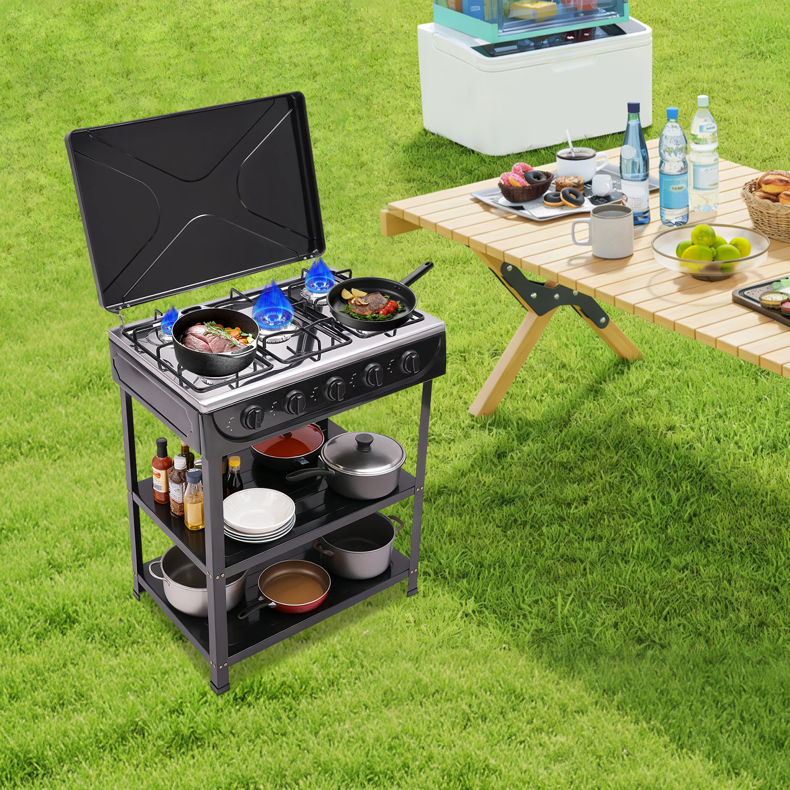Yissale-5-flammiger Gasherd Für Camping, Barbecue Und Grill Mit 2-stufigem Ablagefach