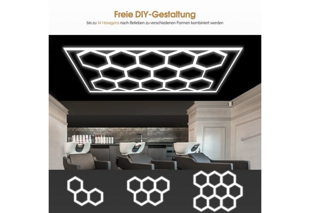 Hexagon led Garage Light, 3 einstellbare Helligkeitsstufen, 68970LM 6500K Hexagon led Beleuchtung für Werkstatt, Friseursalon, 14 Grid,