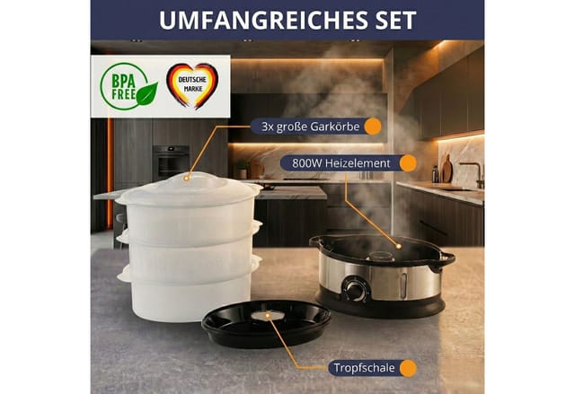 Dampfgarer STEAMY800 Dämpfer 800W 3 Schicht Topf BPA-Frei regelbar 0-60 min. spülmaschinenfest Kunststoff Dampftopf - Sommertal
