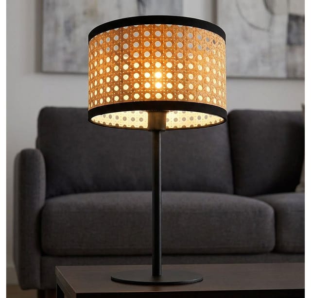 Tischleuchte Tischlampe rund Bambus-Optik, Wohnzimmerlampe Schreibtischlampe Nachttischleuchte Metall rund, E14 Fassung, h 40 cm