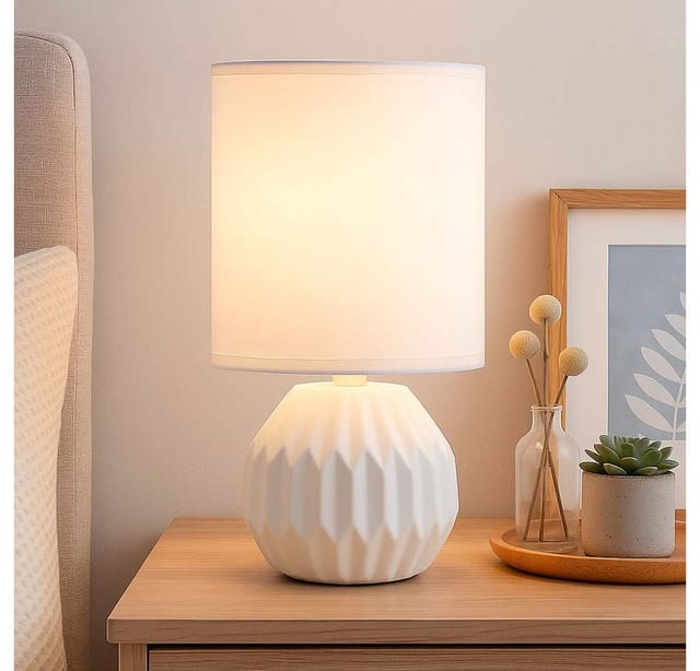 Globo Lighting - Tischlampe weiß Keramik Nachttischlampe Tischleuchte Beistelllampe Wohnzimmerlampe Textil, 1x E14, DxH 12 x 23 cm