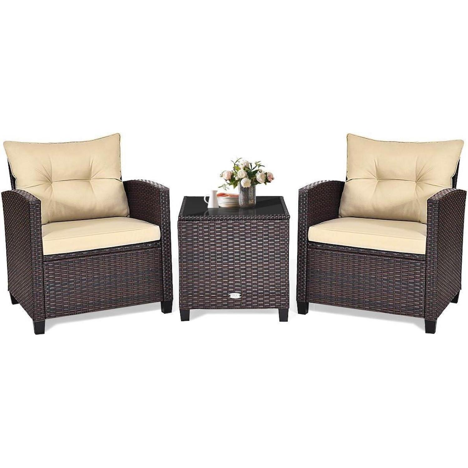 3tlg. Balkonmöbel Set Polyrattan Mit Tisch & 2 Stühlen, Wetterfest, Belastbar, Beige