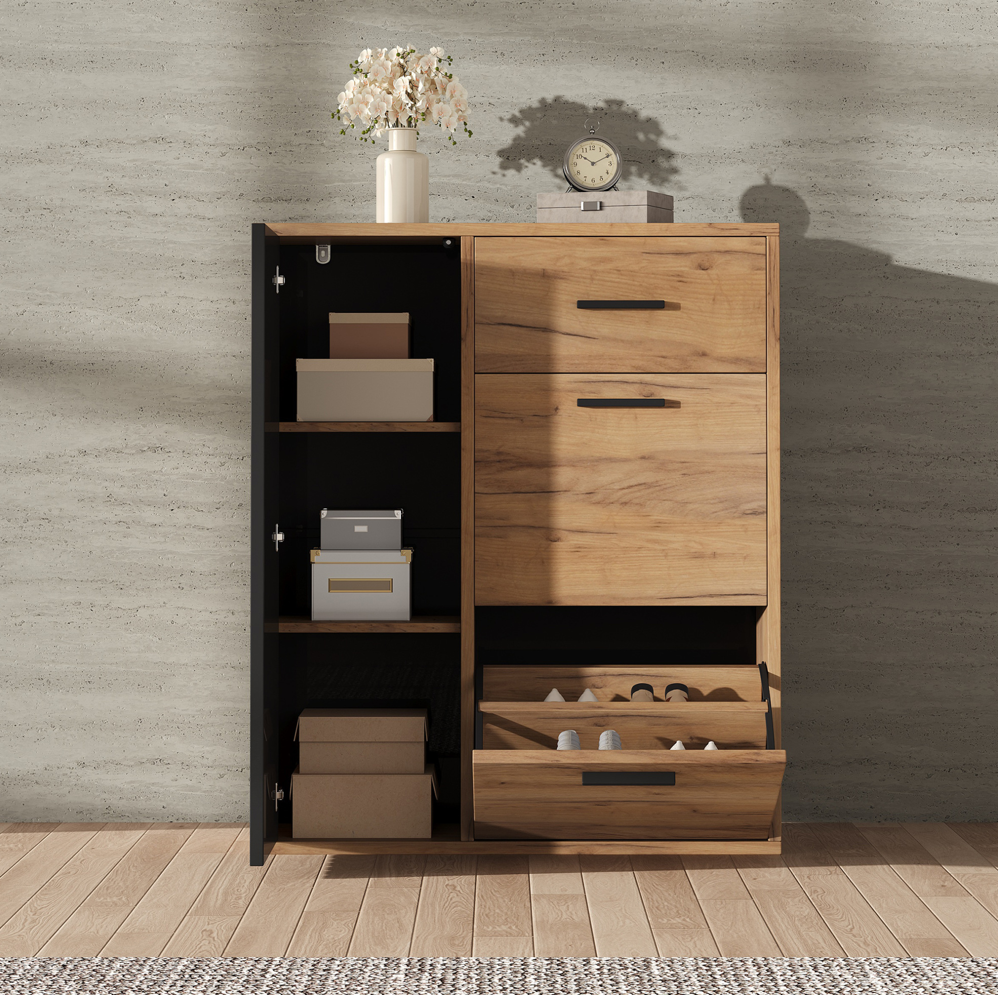 Schuhschrank Mit 1 Schublade, 2 Klapptüren, Verstellbaren Regalen, Schwarz/natur Havrya