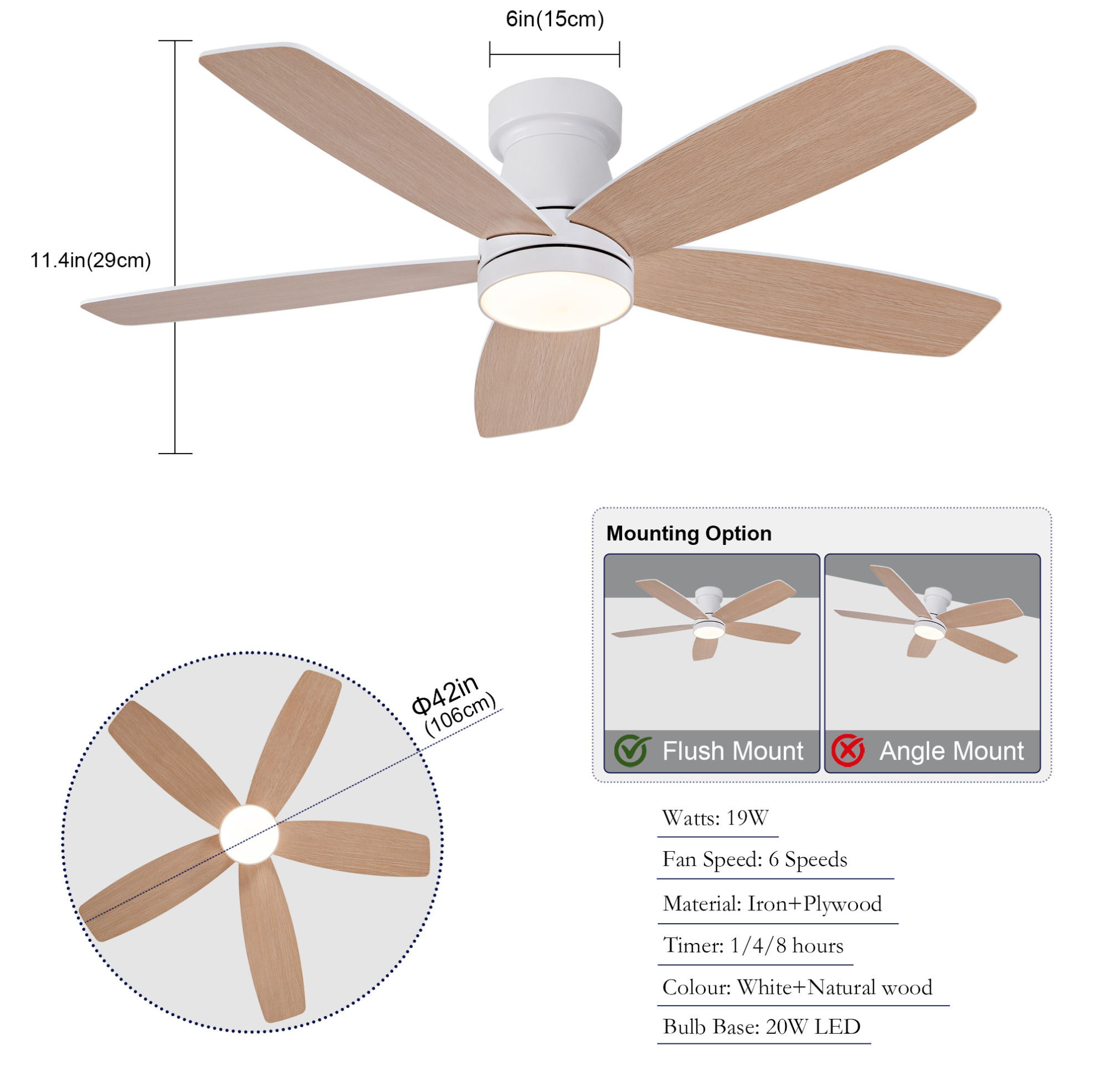 Deckenventilator Mit Licht 106 Cm, 6 Stufen, Fernbedienung, Weiß Und Holz Havrya