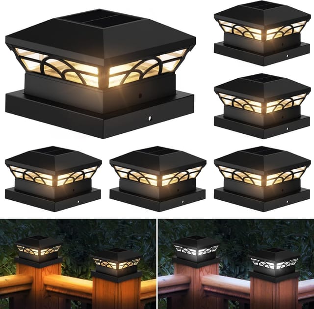 Solar-Pfostenkappen-Lichter, 6 Stück, Solar-Deck-Zaun-Pfostenleuchten für 8,9 x 8,9 cm, 4 x 4, 5 x 5 Holz-/Vinyl-Pfosten, Solar-Pfostenleuchten mit