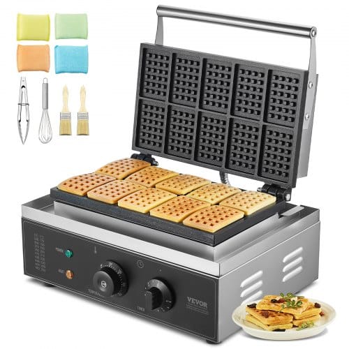 Kommerzielles Waffeleisen 1550 W Antihaftbeschichtetes Waffeleisen Aus Edelstahl Mit Temperatur- Und Zeitregelung, Griff, Für Restaurant Bäckerei Snackbar Familie 10 Rechteckige Waffeln
