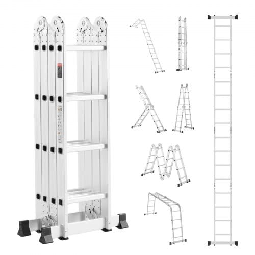 Vevor Mehrzweckleiter, 7-in-1-multifunktionsleiter, Teleskopleiter Mit A-rahmen Und 4 Stufen, Leitergerüst 4600 Mm, Verstellbare Hochleistungsleiter, 150 Kg Tragkraft Für Den Außenbereich Zu Hause