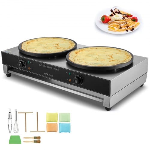 Elektrischer Crepemaker Crepe-maschine Mit Doppelkopf 6000 W Flache Crepe-grillplatte, Antihaftbeschichteter Fannkuchenherd Aus Edelstahl, Runder Cerealien-pfannkuchenherd, Temperaturregelung - Vevor