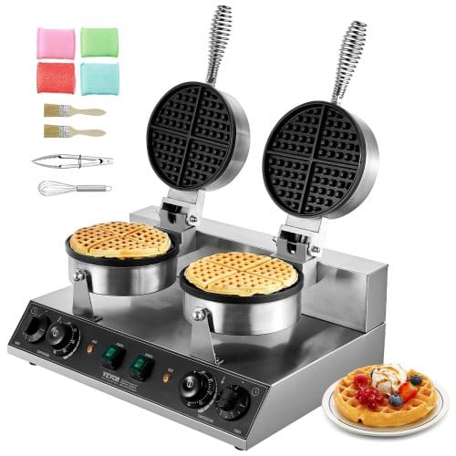 Kommerzielles Waffeleisen Rundes Waffeleisen Mit Doppelkopf 2460 W, Belgisches Waffeleisen Mit Antihaftbeschichteten Backfläche, Temperatur- Und Zeitregelung, Für Restaurant Bäckerei Snackbar - Vevor