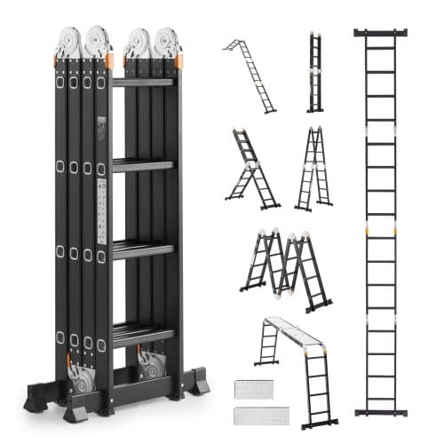 Vevor Mehrzweckleiter, 7-in-1-multifunktionsleiter, A-rahmen Mit 4 Stufen Und Gerüstbrett, Teleskopleiter, Leitergerüst 4650 Mm, Strapazierfähig, 150 Kg Tragkraft, Für Den Außenbereich