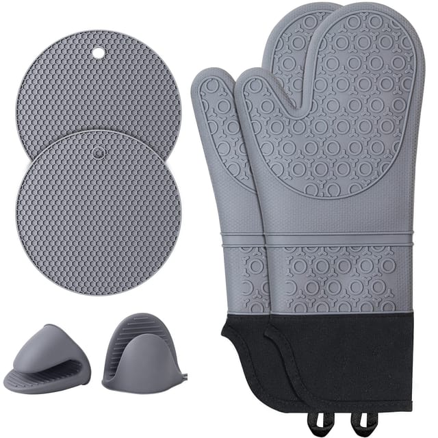 Ofenhandschuhe, Topflappen, Küchenhandschuhe aus Silikon: Hitzebeständig bis 230°C - 2 Ofenhandschuhe, 2 Untersetzer, 2 kleine Topflappen für die