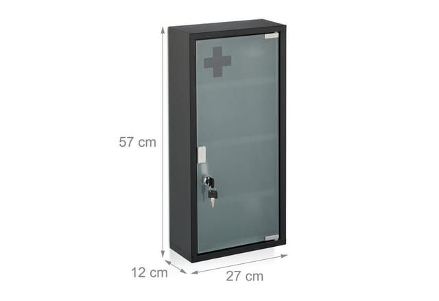 Relaxdays Medizinschrank, 4 Fächer, HxBxT: 57 x 27 x 12 cm, abschließbarer Medikamentenschrank, Stahl, Glastür, schwarz