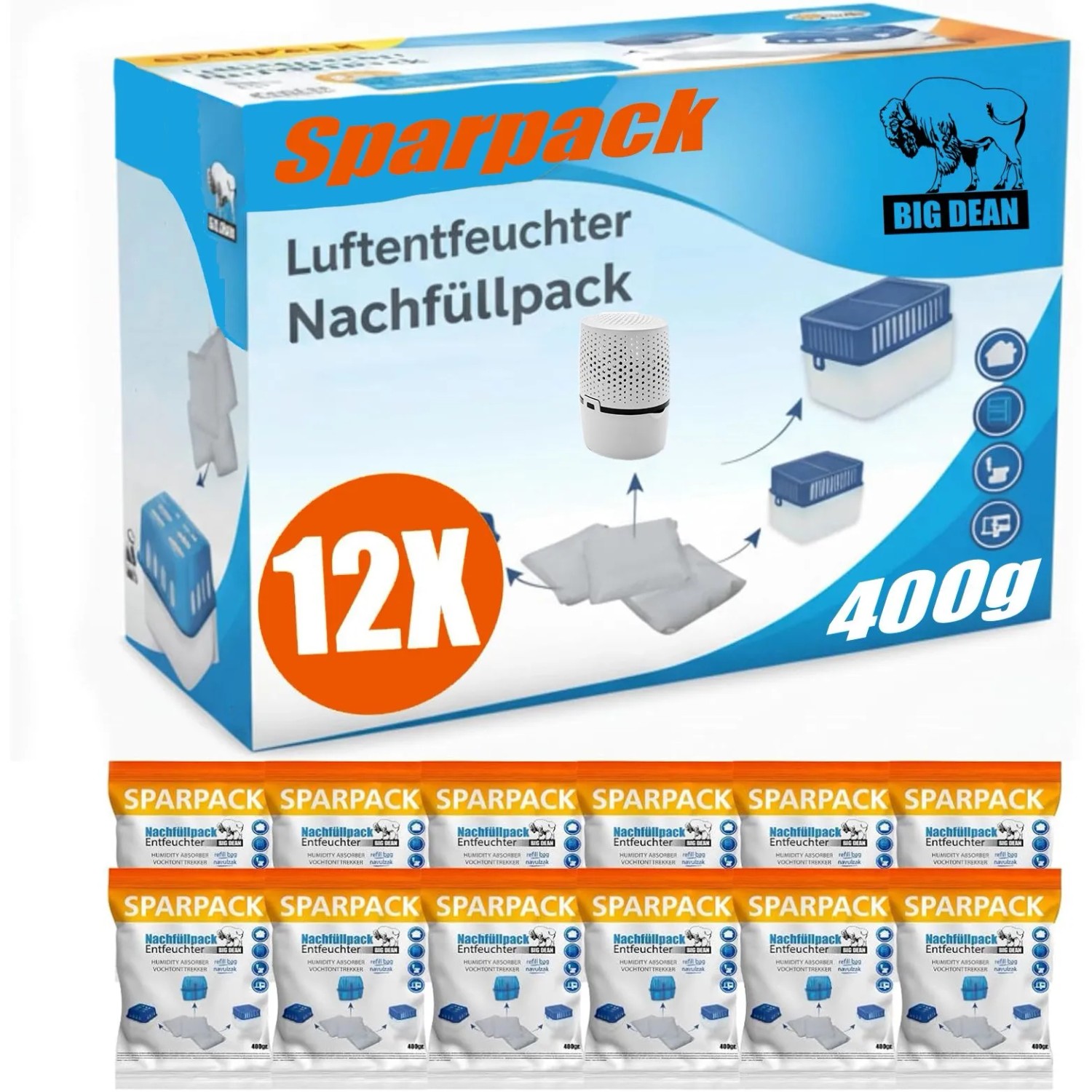 BigDean Luftentfeuchter Nachfüllpack 12 x 400g Premium Granulat