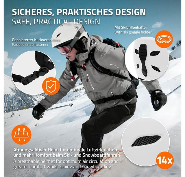 ECD Germany Skihelm für Herren und Damen Snowboardhelm Robust Schwarz Weiß M 55-58 cm mit Belüftungssystem und Skibrillenhalter