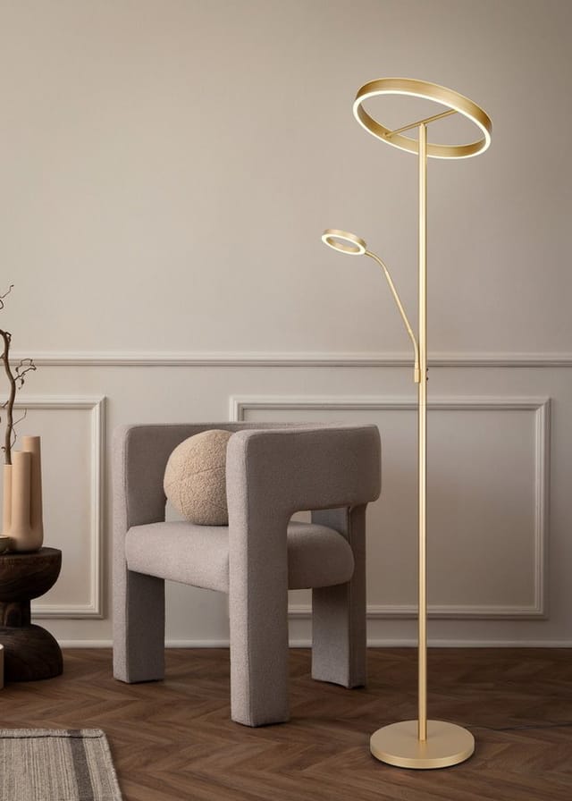 Led Stehlampe willis Gold mit Leselampe, dimmbar & 3 Lichtfarben, 180cm groß