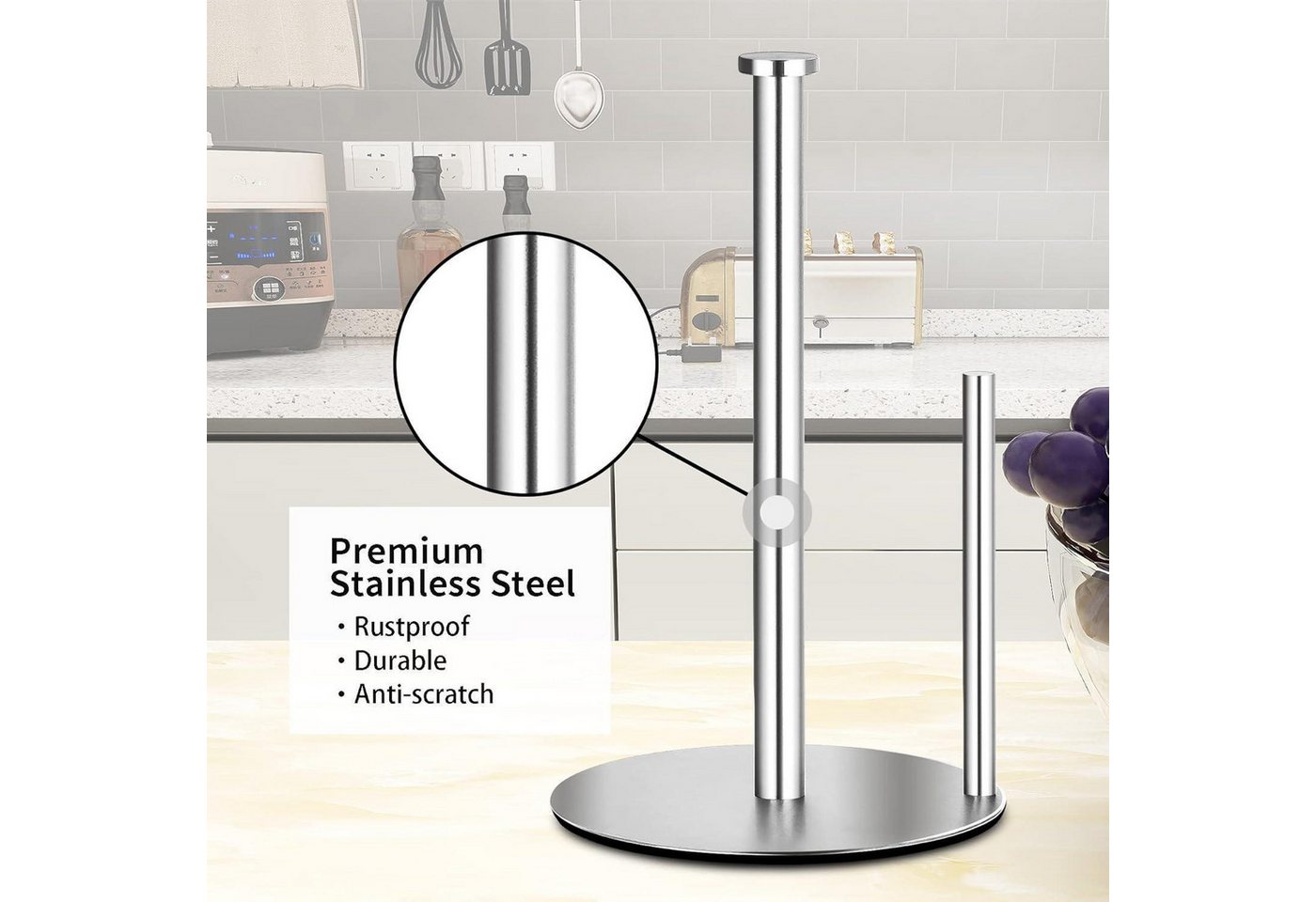 LuxusKollektion Küchenrollenhalter Küchenrollenhalter Edelstahl stehend Rollen Arbeitsplatte Silber Bild 4