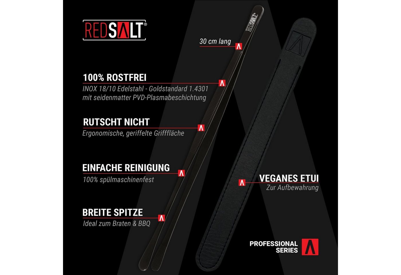 REDSALT® Kochpinzette Breit Black Edition PVD-Plasmabeschichtung, INOX 18/10 Edelstahl Goldstandard 1.4301