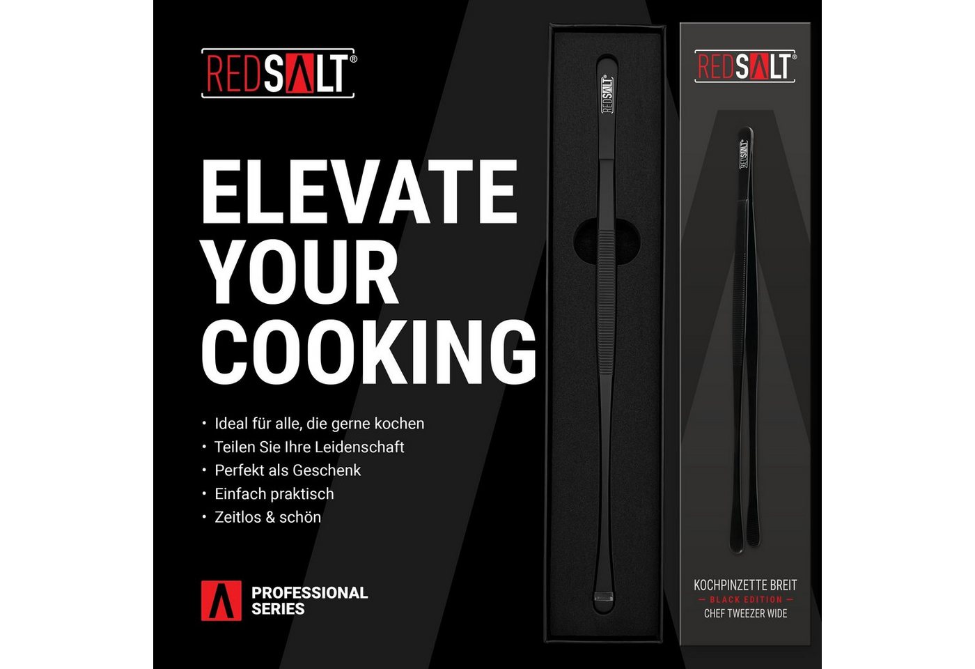 REDSALT® Kochpinzette Breit Black Edition PVD-Plasmabeschichtung, INOX 18/10 Edelstahl Goldstandard 1.4301 Bild 3