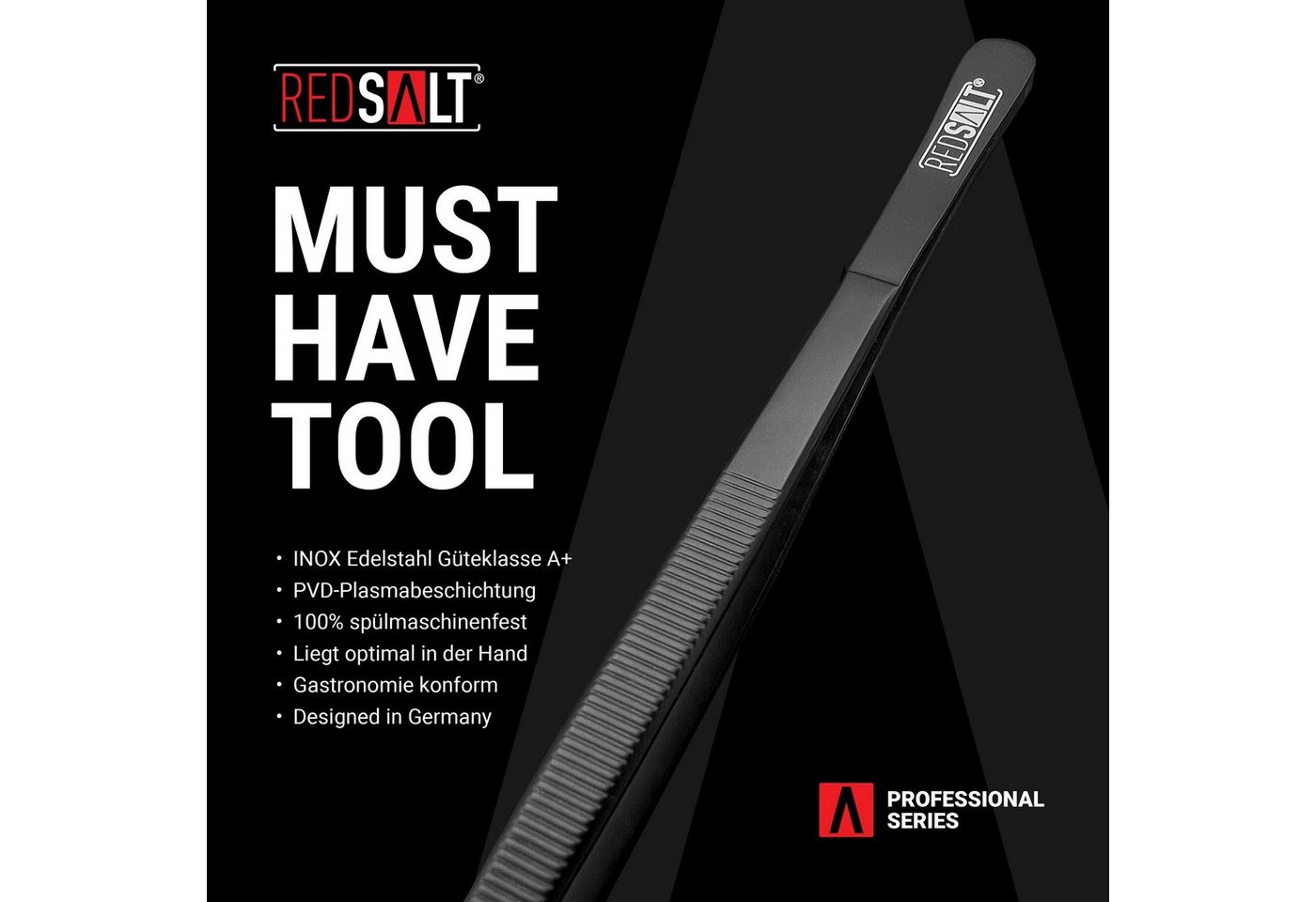REDSALT® Kochpinzette Breit Black Edition PVD-Plasmabeschichtung, INOX 18/10 Edelstahl Goldstandard 1.4301 Bild 4