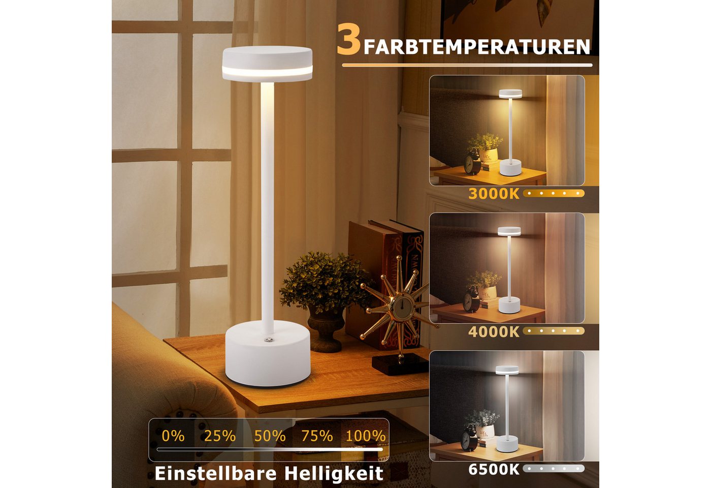 ZMH Tischleuchte kabellose Akku-Lampe und Nachttischlampe mit LED, 3 Lichtfarben, Touch-Steuerung, LED fest integriert, Warmweiß-Neutralweiß-Kaltweiß, mehreren Helligkeitsstufen und USB-C-Ladeanschluss