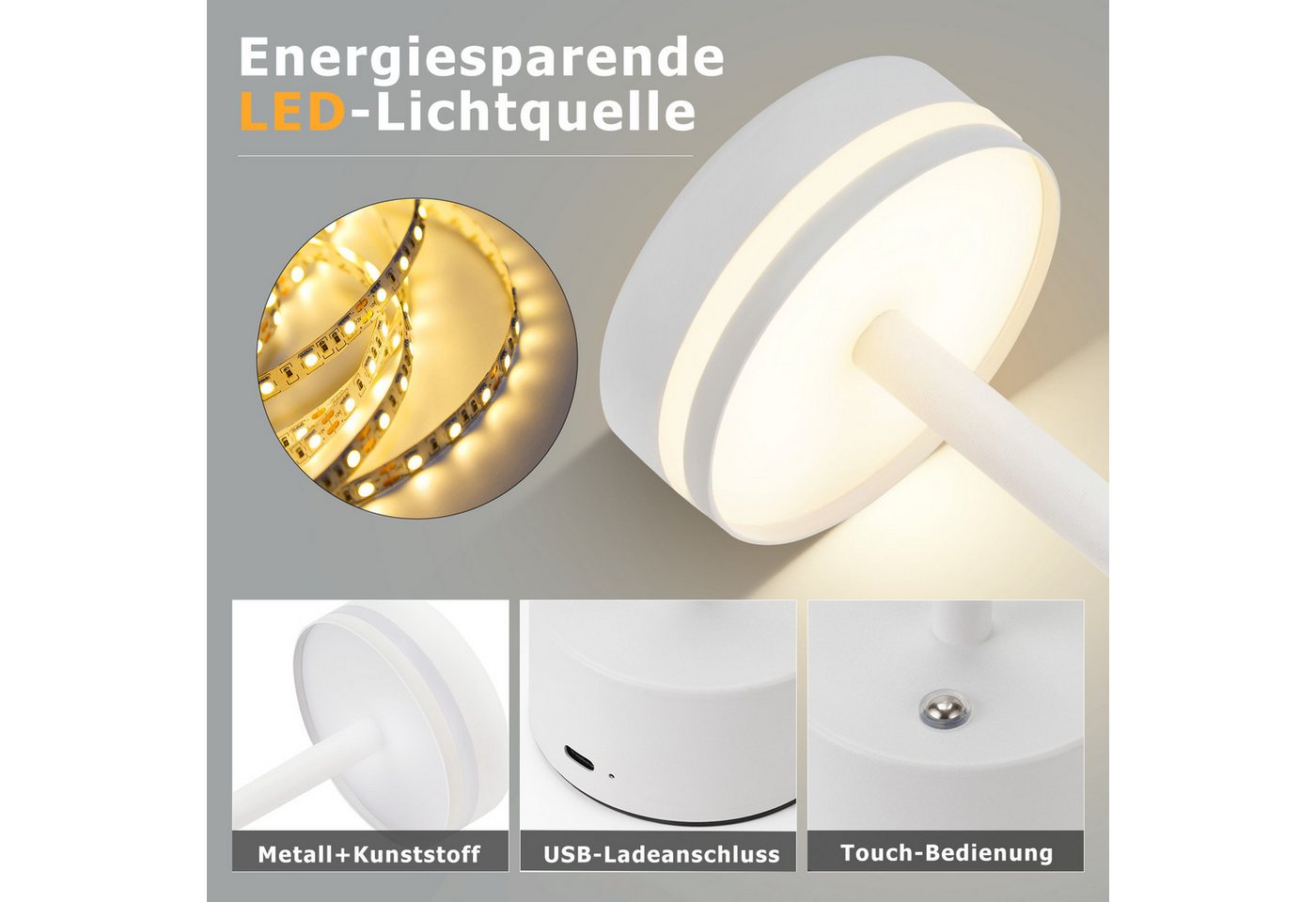 ZMH Tischleuchte kabellose Akku-Lampe und Nachttischlampe mit LED, 3 Lichtfarben, Touch-Steuerung, LED fest integriert, Warmweiß-Neutralweiß-Kaltweiß, mehreren Helligkeitsstufen und USB-C-Ladeanschluss Bild 2