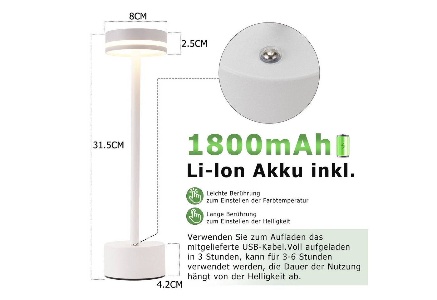 ZMH Tischleuchte kabellose Akku-Lampe und Nachttischlampe mit LED, 3 Lichtfarben, Touch-Steuerung, LED fest integriert, Warmweiß-Neutralweiß-Kaltweiß, mehreren Helligkeitsstufen und USB-C-Ladeanschluss Bild 5