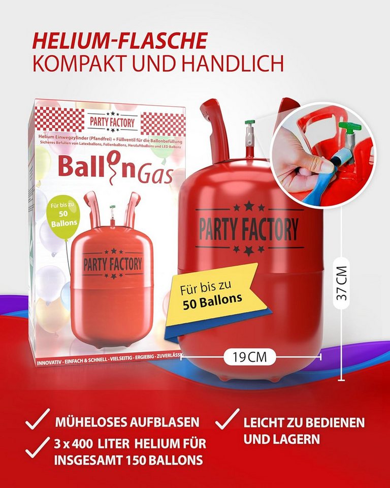 Party Factory Helium Party Factory Set mit 3 Heliumflaschen für je 50 Ballons, je 400l, Helium, Ballongas, Einwegflasche Bild 2