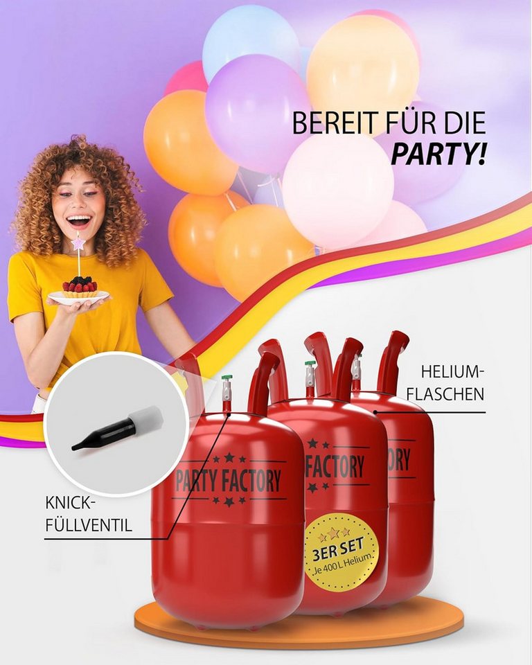 Party Factory Helium Party Factory Set mit 3 Heliumflaschen für je 50 Ballons, je 400l, Helium, Ballongas, Einwegflasche Bild 3