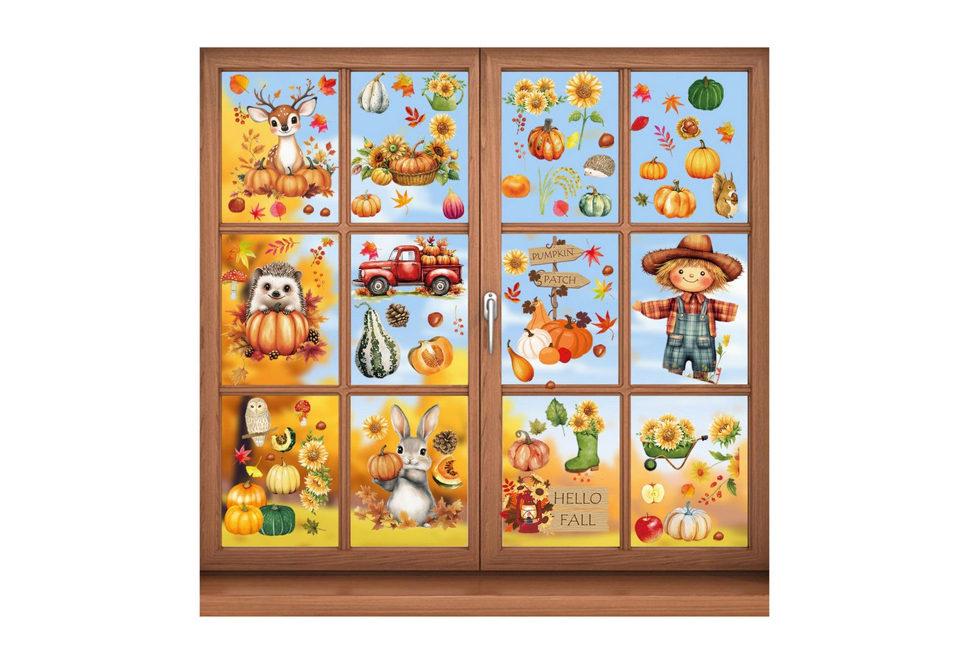 Coonoor Fensterbild Fensteraufkleber Herbstdeko mit Kürbis & Ahornblatt, selbstklebende Fenstersticker für Thanksgiving & Herbstdekoration Bild 2