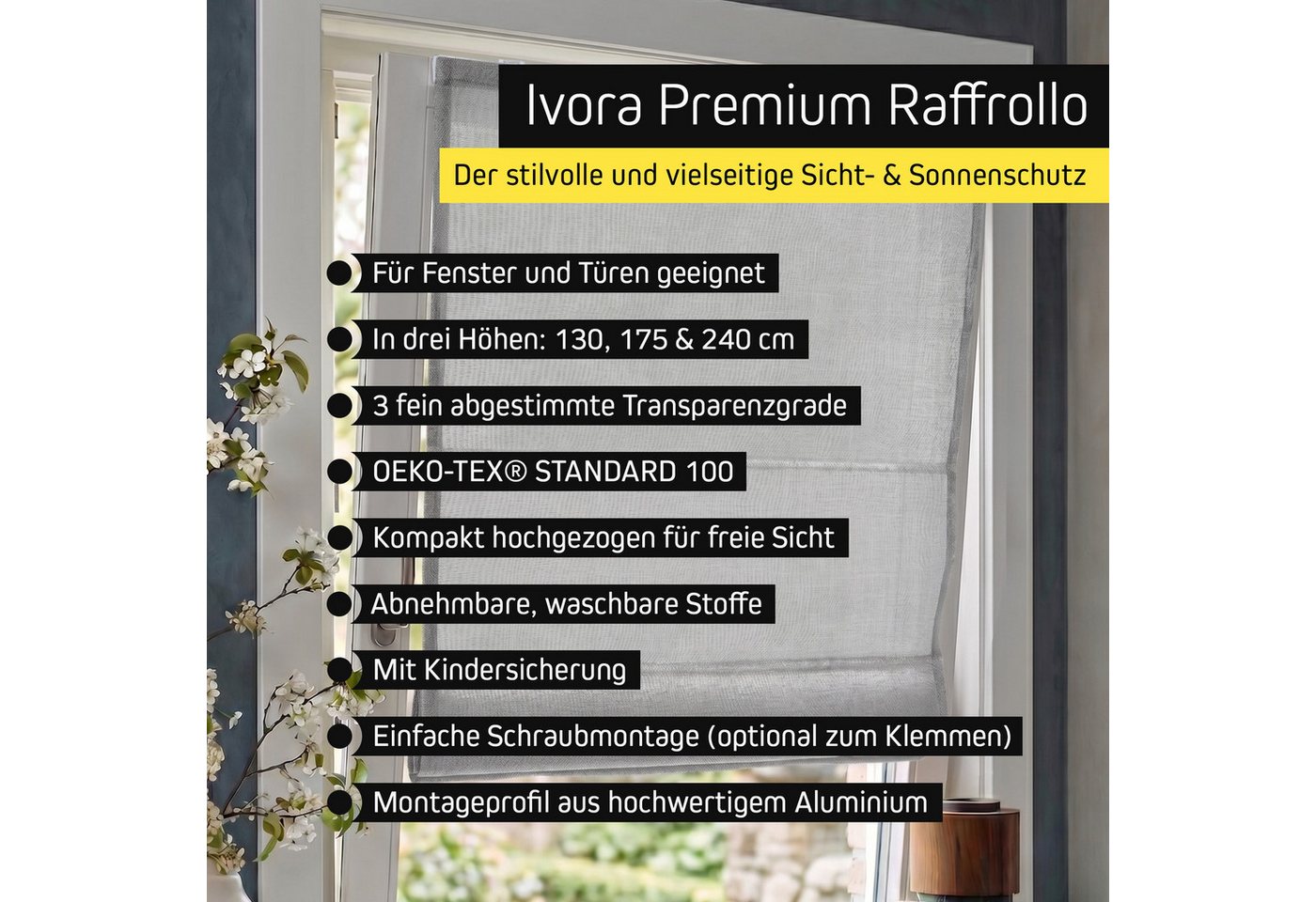 Victoria M. Raffrollo Klemmfix Ivora Premium Raffrollo 40x130cm Grau Blickdicht, mit Klemmträger, ohne Bohren, freihängend, Ohne Bohren