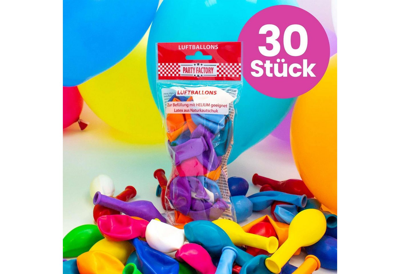 Party Factory Helium Ballongas Helium im Set mit 30 Luftballons 200l, Helium Flasche, Helium-Gas, Ballongas, Helium-Set, Einwegflasche